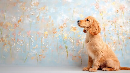 Adorable golden retriever puppy sitting elegantly against a pastel floral background showcasing artistry and vibrant colors, evoking a serene and joyful atmosphere.
