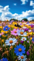 Fototapeta premium Cheerful Bee Buzzing Around Heart-Shaped Flowers Nature Scene Floral Environment Bright Day Joyful Concept for SEO Impact