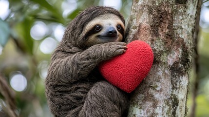 Cuddly Sloth Embracing Heart Pillow Tree Animal Image Nature Scene Close-up Love and Affection