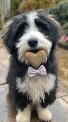 Fluffy Sheepdog Presents Heart-Shaped Bone Outdoor Garden Animal Photography Serene Backyard Adorable Canine Concept