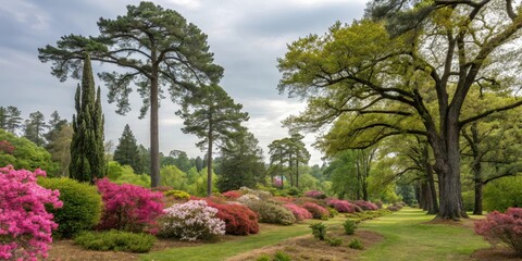 Serene landscape featuring vibrant azaleas blooming beneath towering pines and lush green deciduous trees, creating a picturesque garden path