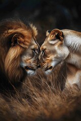Naklejka premium Majestic Lion and Lioness Nuzzling in Heart-Shaped Embrace Savanna Wildlife Photography Natural Habitat Close-Up Affectionate Bond