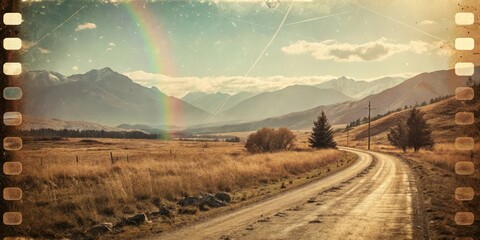 Fototapeta premium A nostalgic scenic view of a winding dirt road leading through a golden field towards majestic mountains under a vibrant rainbow