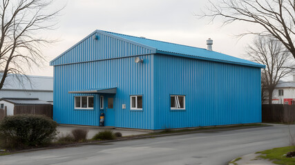 A small blue industrial warehouse with a compact design, set in a suburban area with minimal surroundings