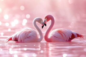 Naklejka premium Flamingos Embrace Water's Edge Wildlife Photography Serene Setting Close-Up Heartwarming Concept