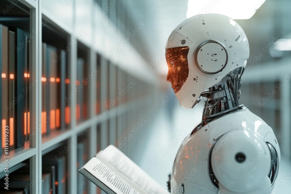 Poster a humanoid robot engrossed in a book amidst library shelves, its face displaying a glowing digital i