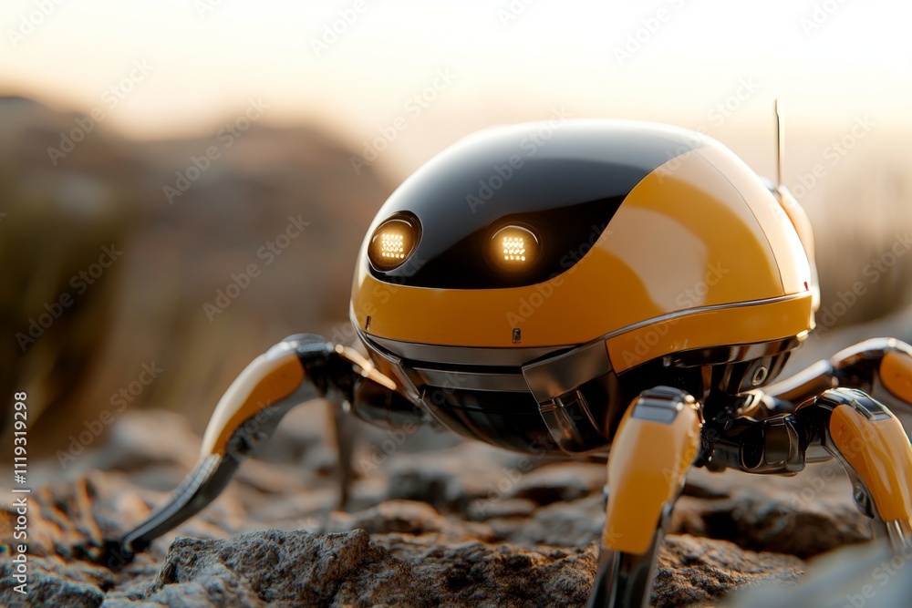 Poster a futuristic small robot with a sleek design rests on a rocky surface, bathed in the warm glow of su