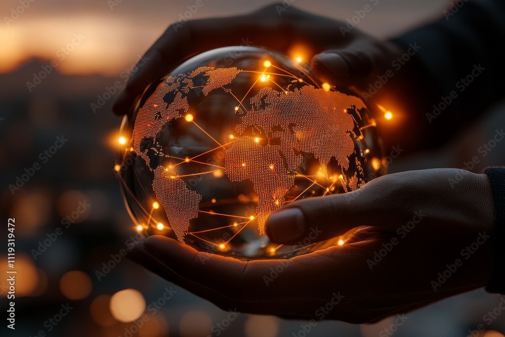 Aufkleber a pair of hands cradle a digital globe with glowing lines, representing global connectivity, innovat