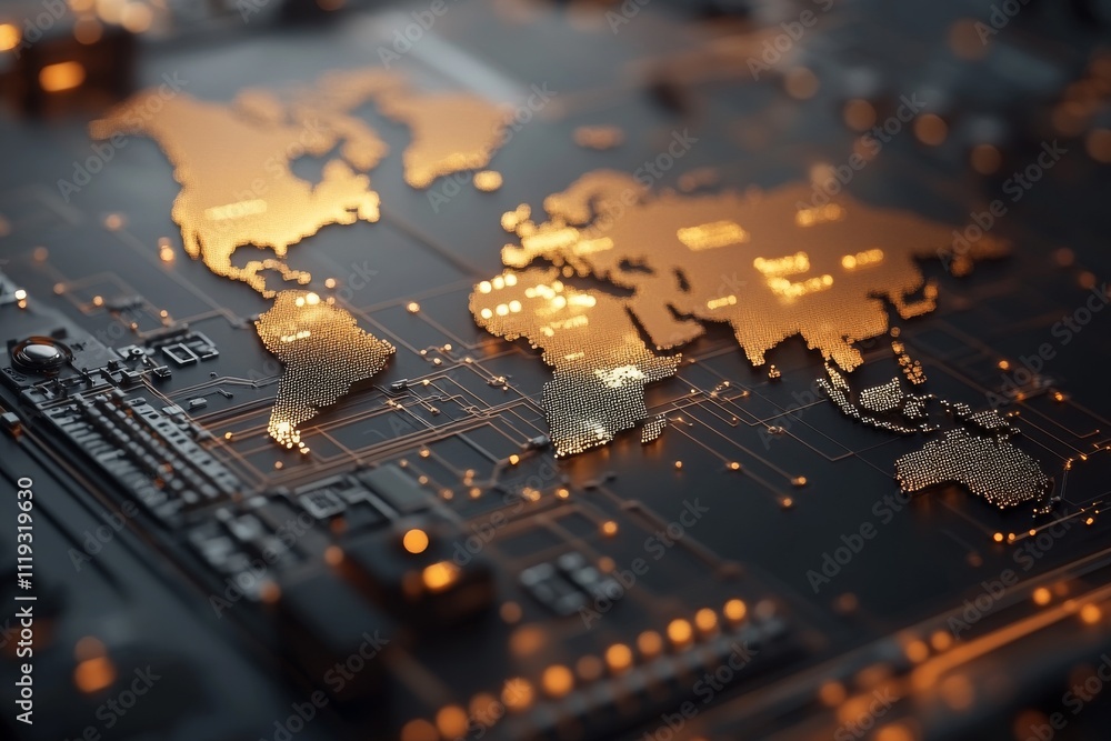 Aufkleber a world map illustrated with digital circuit patterns and glowing paths, representing global communi