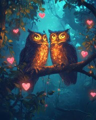 Owl Couple Perched on a Branch Enchanted Forest Digital Artwork Romantic Setting Close-Up View Pastel Colors