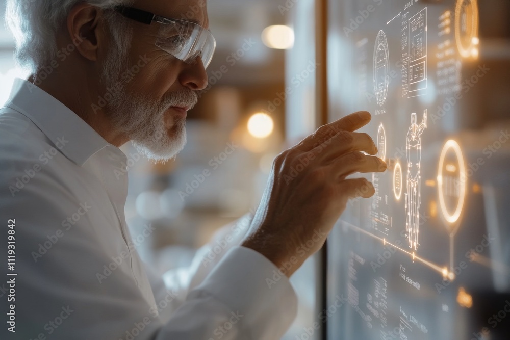 Aufkleber an elderly man with glasses interacts with an illuminated holographic display, indicating technology