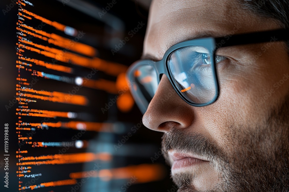 Poster a close-up view of a person wearing glasses deeply focused on computer code projected onto their len