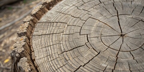 Fototapeta premium Close-up view of a weathered tree stump, displaying intricate concentric rings and radial cracks in the wood grain