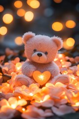 Fototapeta premium Cute Teddy Bear Sitting in Glowing Heart Bed Cozy Room Soft Lighting Warm Atmosphere Whimsical Concept