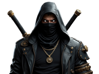 Mysterious ninja figure wearing a black hooded jacket with two swords and an intense gaze black facemask transparent background