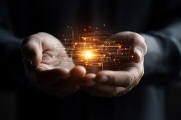 Hands carefully holding a glowing digital concept, symbolizing technology and innovation, suggesting control and mastery over digital transformations and ideas.