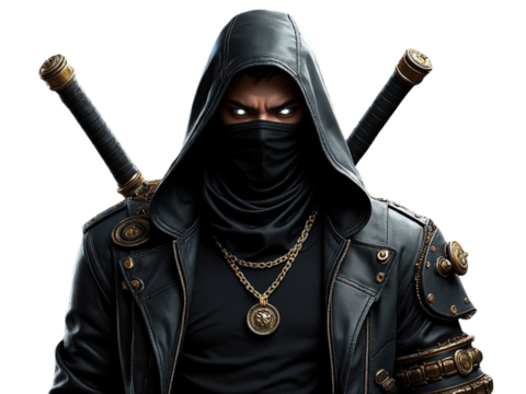 Mysterious ninja figure wearing a black hooded jacket with two swords and an intense gaze black facemask transparent background