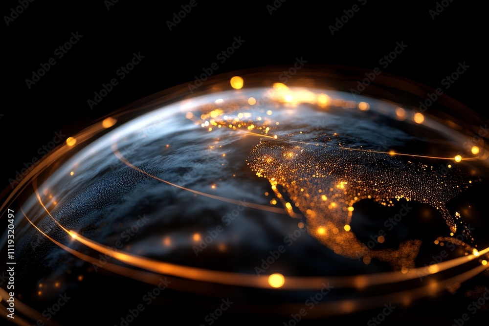 Poster a glowing representation of earth showing interconnected orange lights symbolizing global networking
