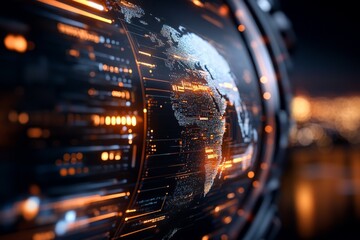 A digital globe adorned with futuristic data elements, showcasing a visual representation of interconnected technology, information flow, and the digital age.