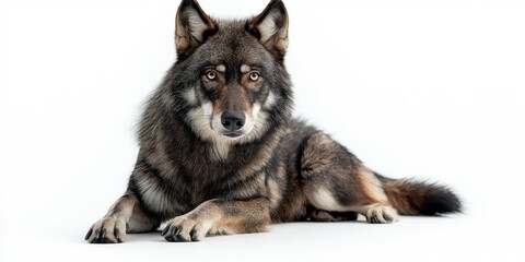 Fototapeta premium Studio photo of a wolf isolated against a white background. Wildlife and conservation concept, space for copy.