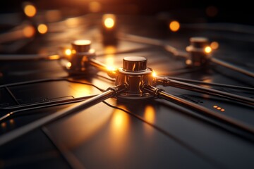 A futuristic depiction of network connections with glowing wires linked to a central node, representing technology integration and communication systems.