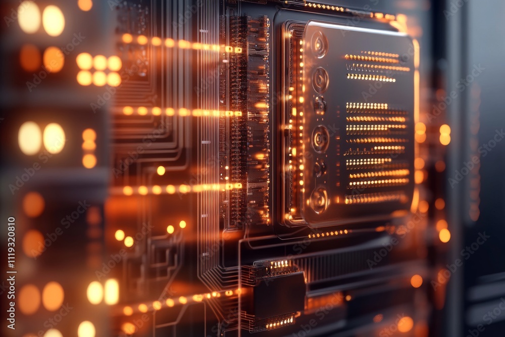 Poster a close-up view of a glowing orange circuit board, illustrating the abstract world of technology and