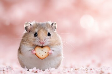 Adorable Hamster Holding Heart-Shaped Cookie Cozy Setting Cute Animal Photography Soft Focus Heartwarming Concept