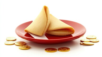 A single fortune cookie resting on a small red plate with its fortune slip extending outward.