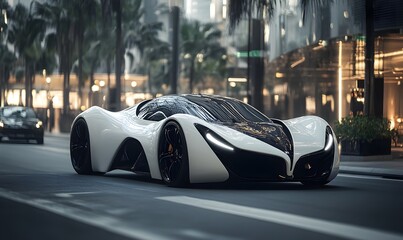 Sleek White Sports Car Drives Through City Streets