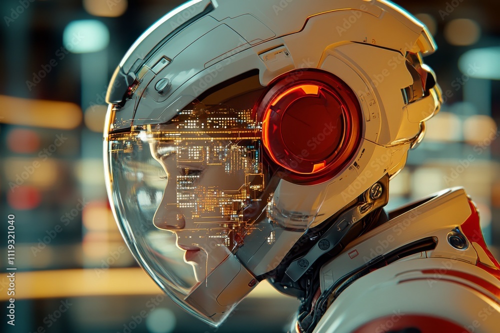 Poster a futuristic helmet featuring visible circuit boards and led lights exemplifies advanced technology 