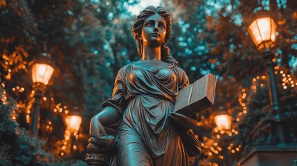Bronze Statue Woman Reading Book Night Lights Autumn