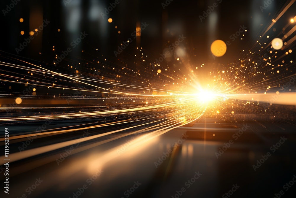 Poster golden rays of energy burst dynamically across a digital landscape, representing the power and speed