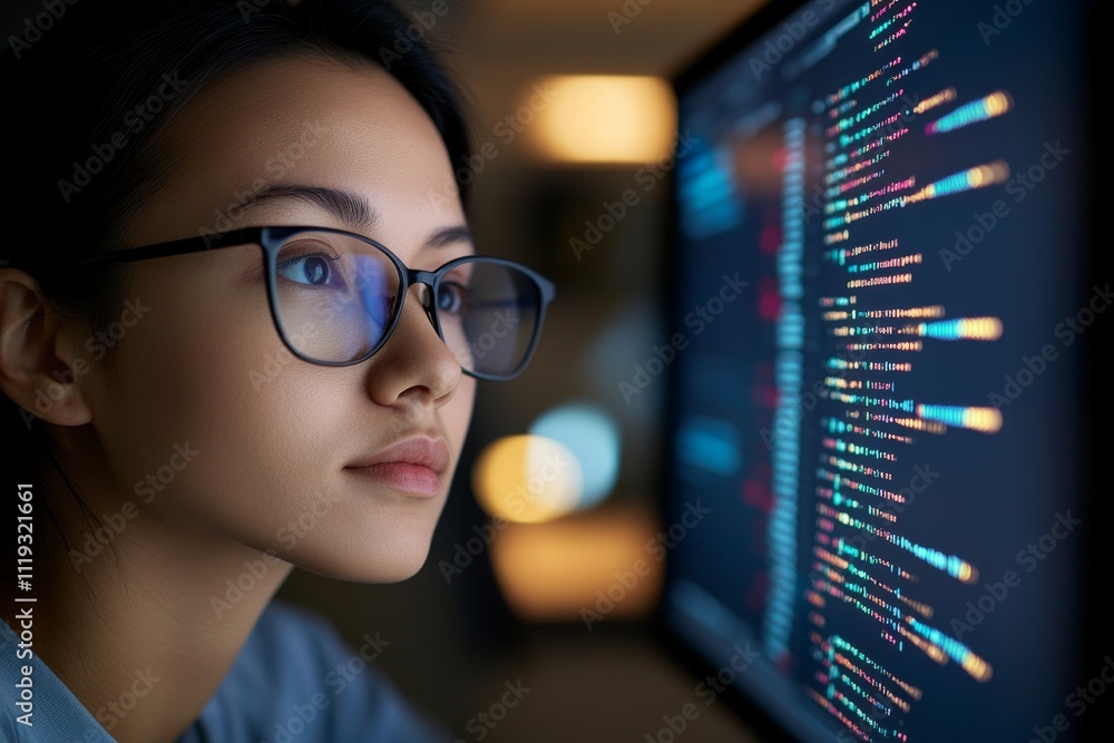 Poster a focused woman with glasses studying the vibrant display of code on her monitor, reflecting the int