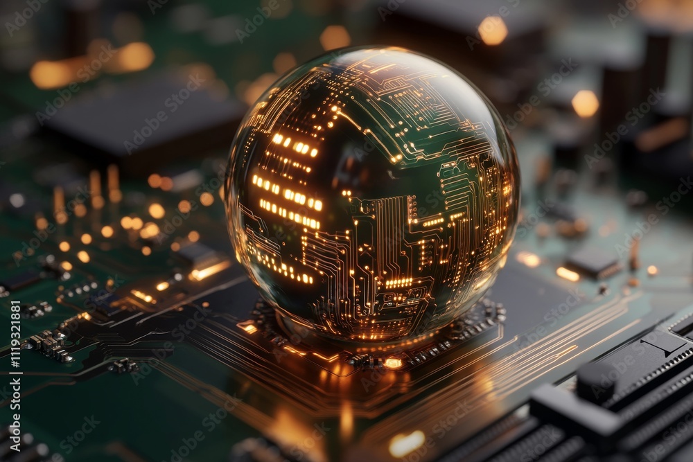 Aufkleber a luminous sphere sitting on a circuit board, casting intricate light patterns that evoke themes of 