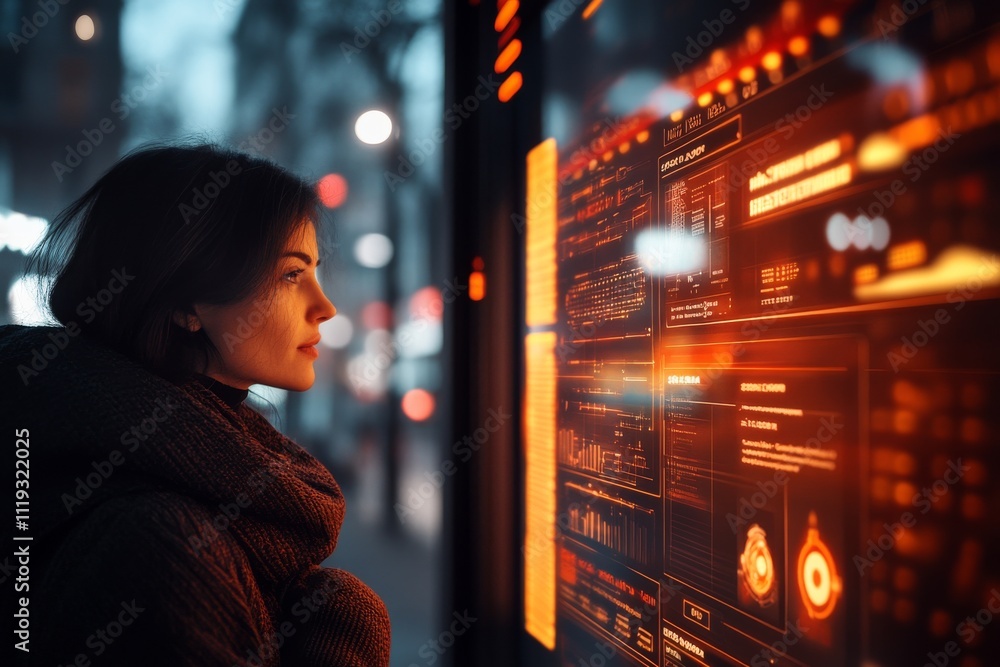 Aufkleber a focused individual engaging with a brightly lit digital touchscreen displaying complex data, symbo