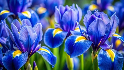 Close-up Blue Iris Flowers Yellow Centers, Blurred Background, Bright Colors, High Quality
