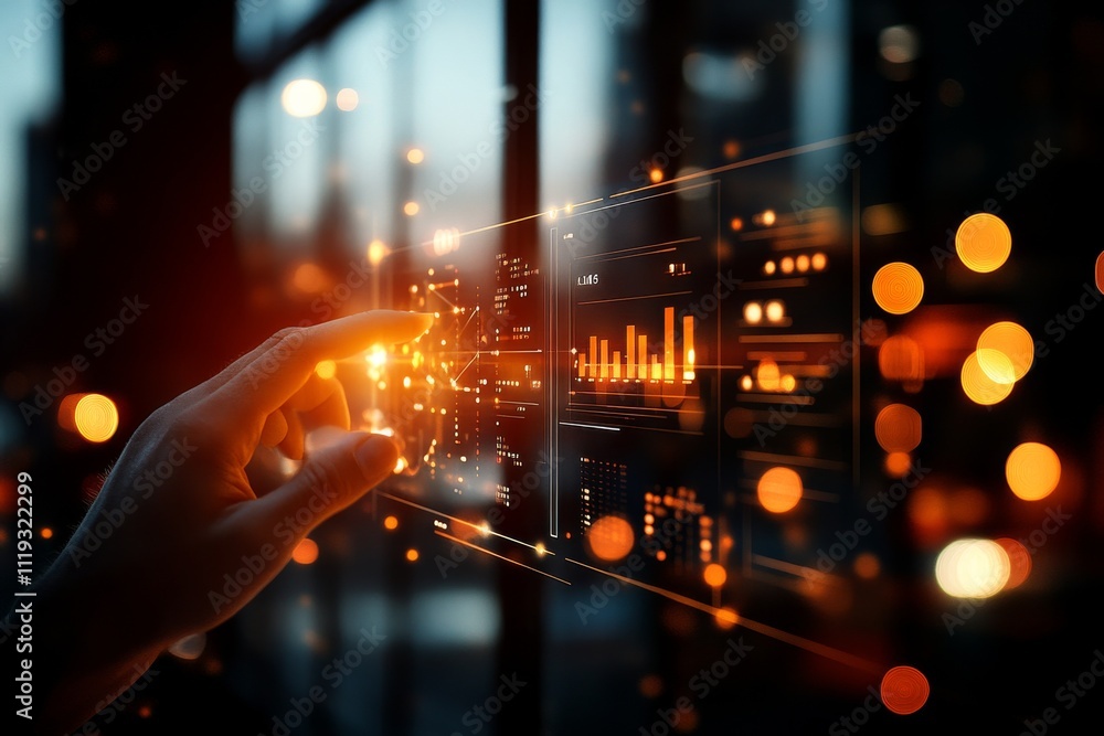 Aufkleber a hand interacts with a digital interface filled with dynamic, glowing data visualizations, symboliz