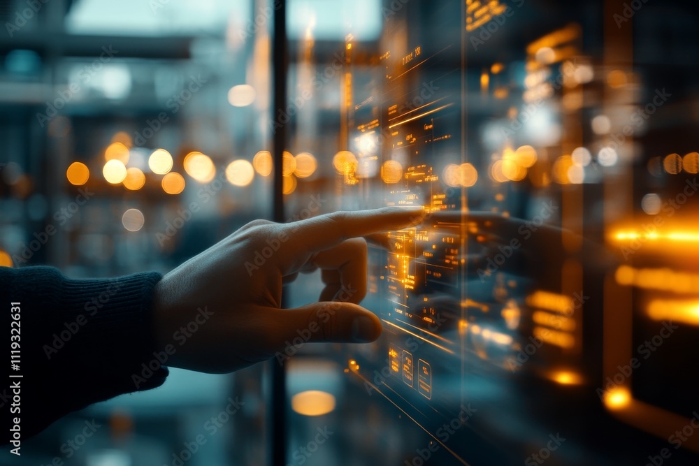 Poster a human hand touches a virtual screen displaying data, symbolizing technology, digital information, 