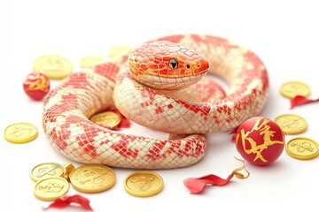 Obraz premium An artistic display of a coiled snake surrounded by red and gold decorations. 