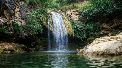 Naklejka premium Beautiful waterfall surrounded by greenery and natural rock formations