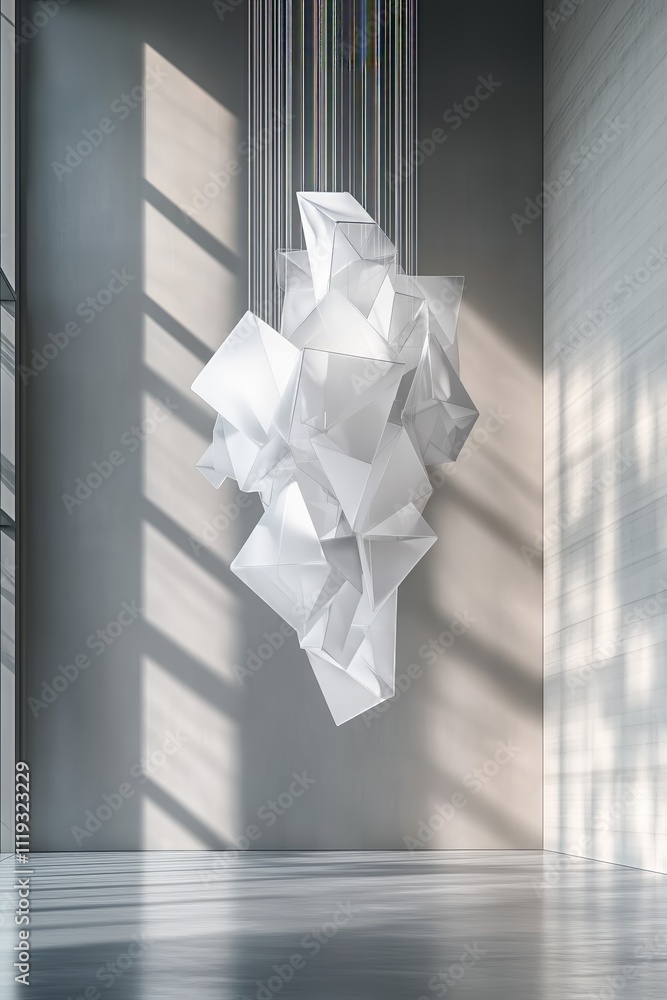 Poster modern interior design highlights hanging paper-inspired structure with sharp edges, interacting wit