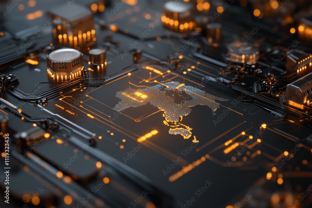 Poster an intriguing depiction of a digital circuit board resembling a glowing city topography, exemplifyin