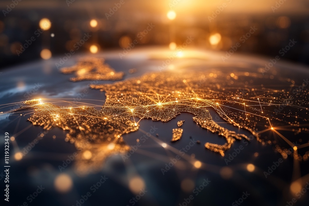 Poster this topographic map showcases glowing connection lines across continents, representing a blend of g