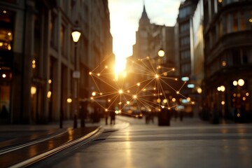 Naklejka premium An image capturing an abstract network of golden nodes floating above a city street during sunset, symbolizing connectivity and modern urban communication.