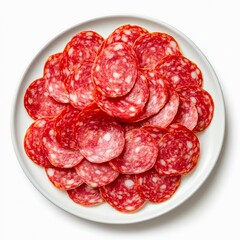 Plate of salami slices isolated on white background, top view.