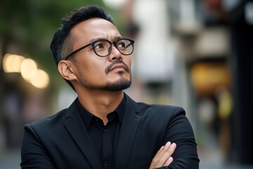 Obraz premium A thoughtful man in a stylish black suit looks upward with crossed arms, displaying confidence and deep contemplation on a city street lined with blurred lights.