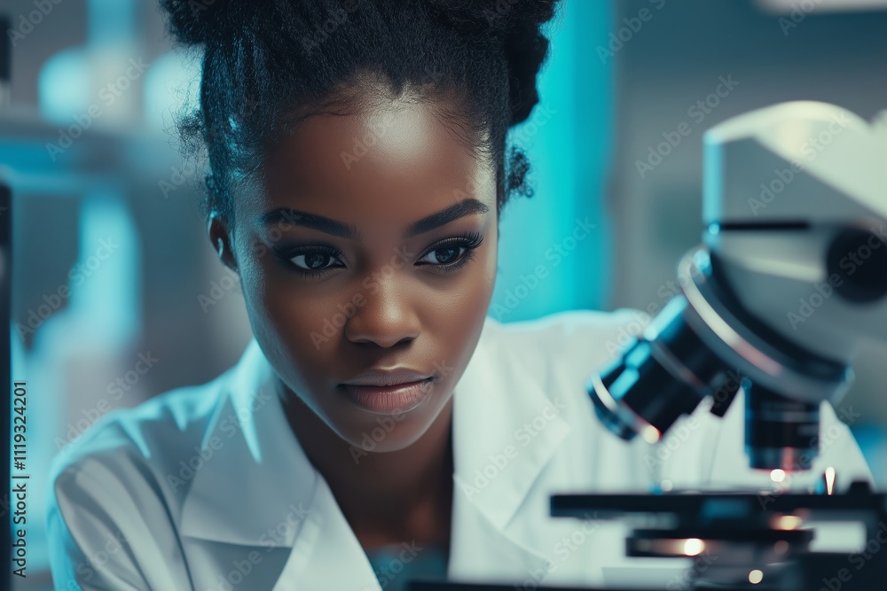 Poster scientist analyzing test sample under microscope in medical science laboratory
