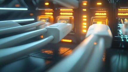 Futuristic Server Room: Network Cables Connected to Luminous Ports