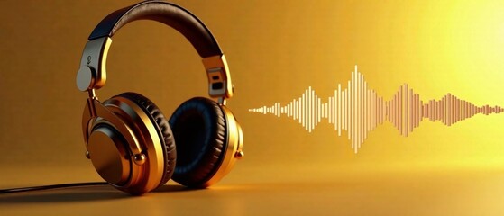 Golden Headphones, Audio Waveform, Podcast, DJ Streaming, Music Banner, Wide