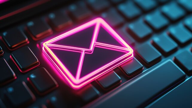 spam call  block  privacy Concept. Neon email icon on a keyboard, symbolizing digital communication and technology.